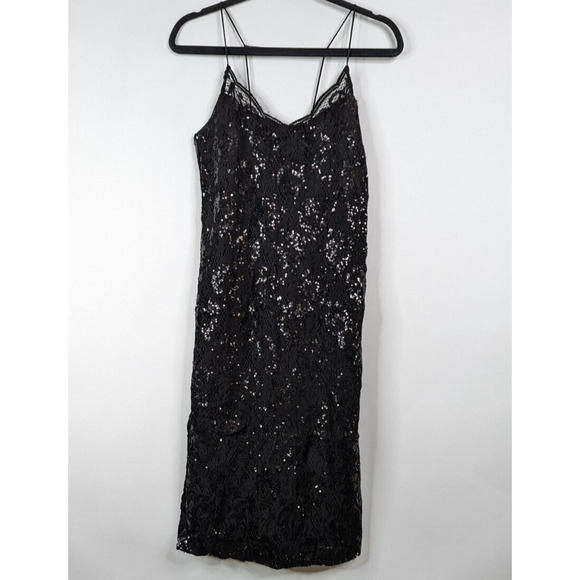 H&M Womens 6 M Lace Sequin Black Cocktail Mid Thigh Back Slit Dress - Picture 1 of 6